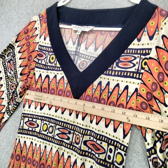 Trina Turk Sheath Dress Womens Size 0 100% Silk Orange Blue Tribal Print Bell - Picture 6 of 12